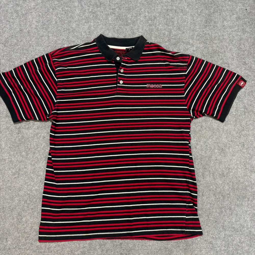 Vintage Mecca 1984 Striped Polo Shirt Mens Large Black Red White Streetwear 90s